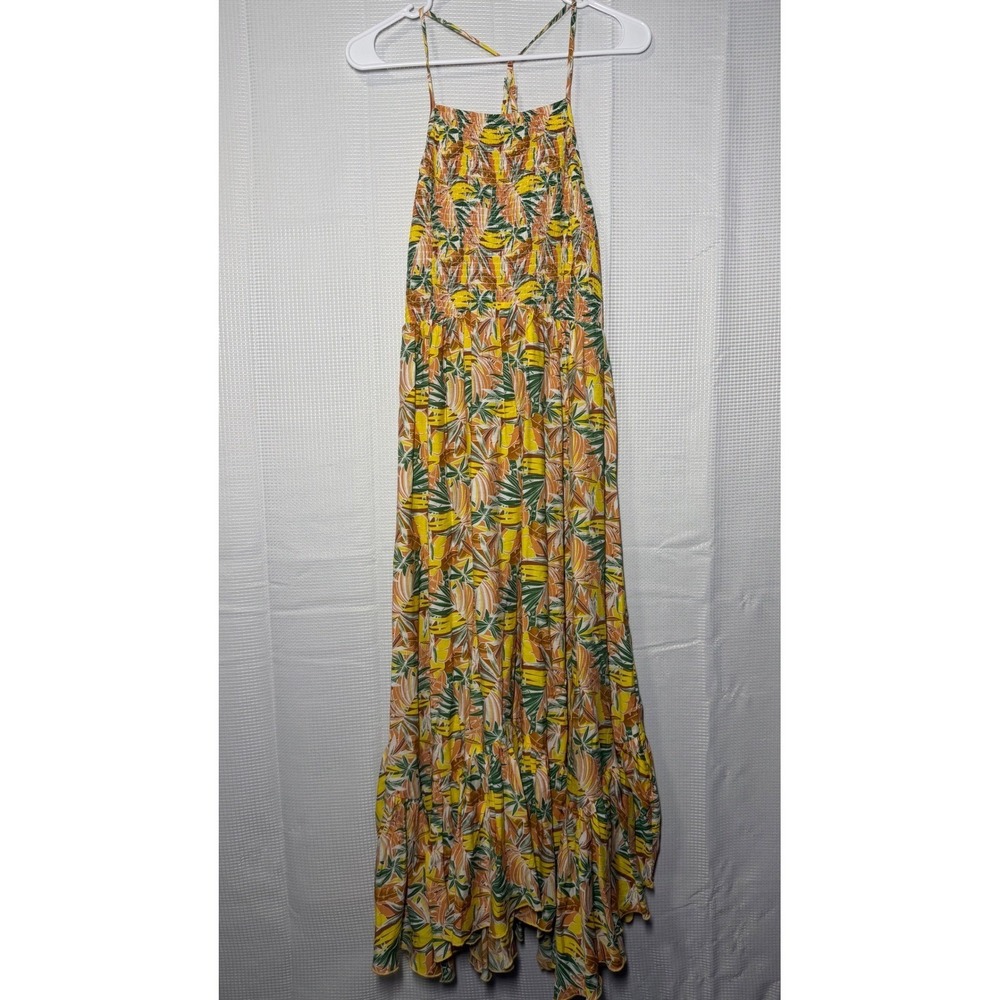 Easel Halter‎ Maxi Dress Medium Yellow Tropical Floral Smocked Bodice